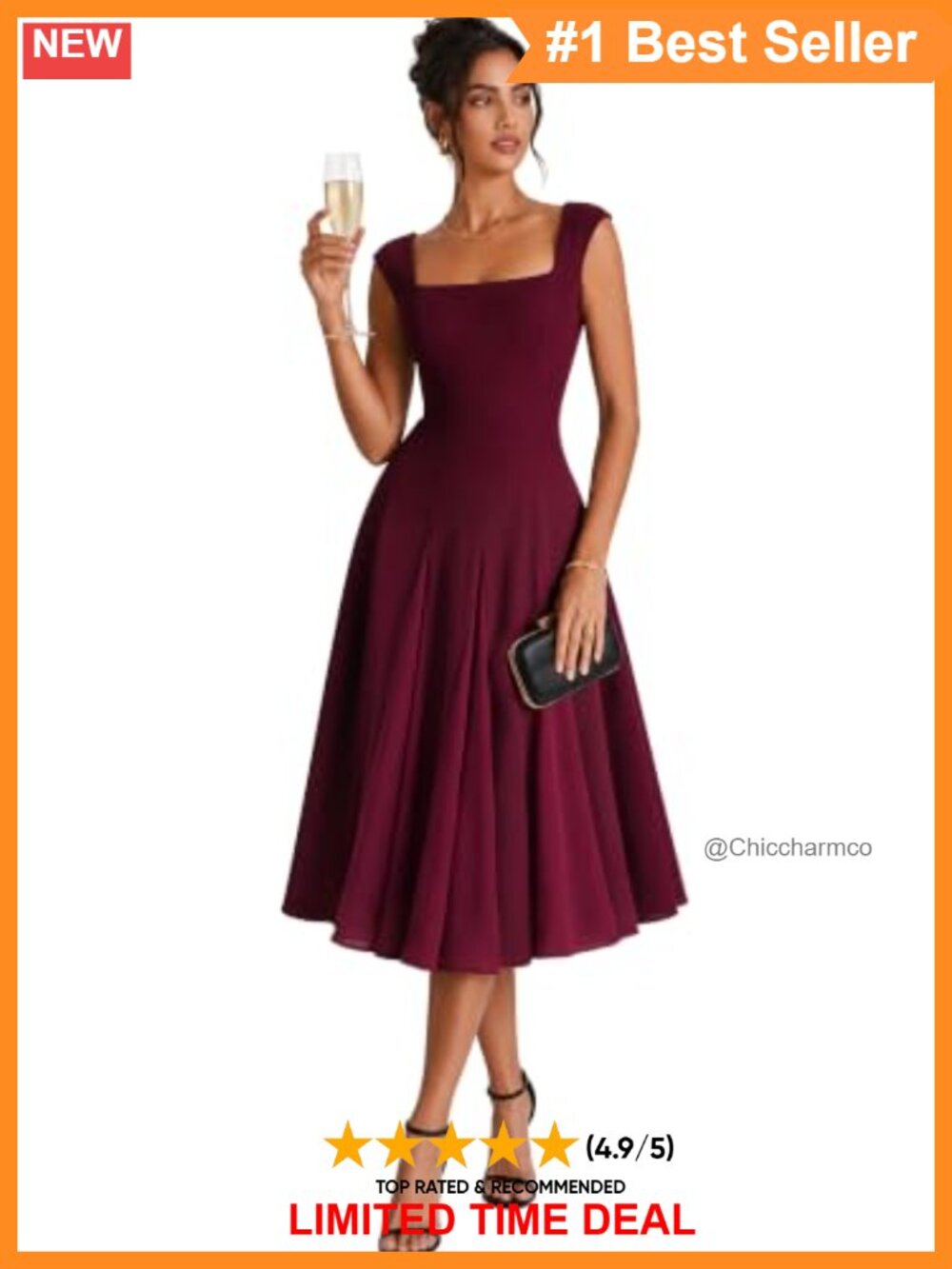 Midi Cocktail Dress Cap Sleeve Square Neck Stretch Wedding Guest